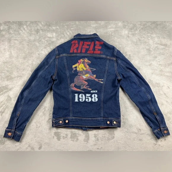 Rifle Denim Trucker Jacket Size Small Made in Italy Vintage Back Graphic RARE